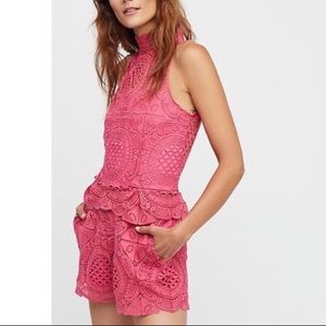 Free People Art Deco pink lace romper medium